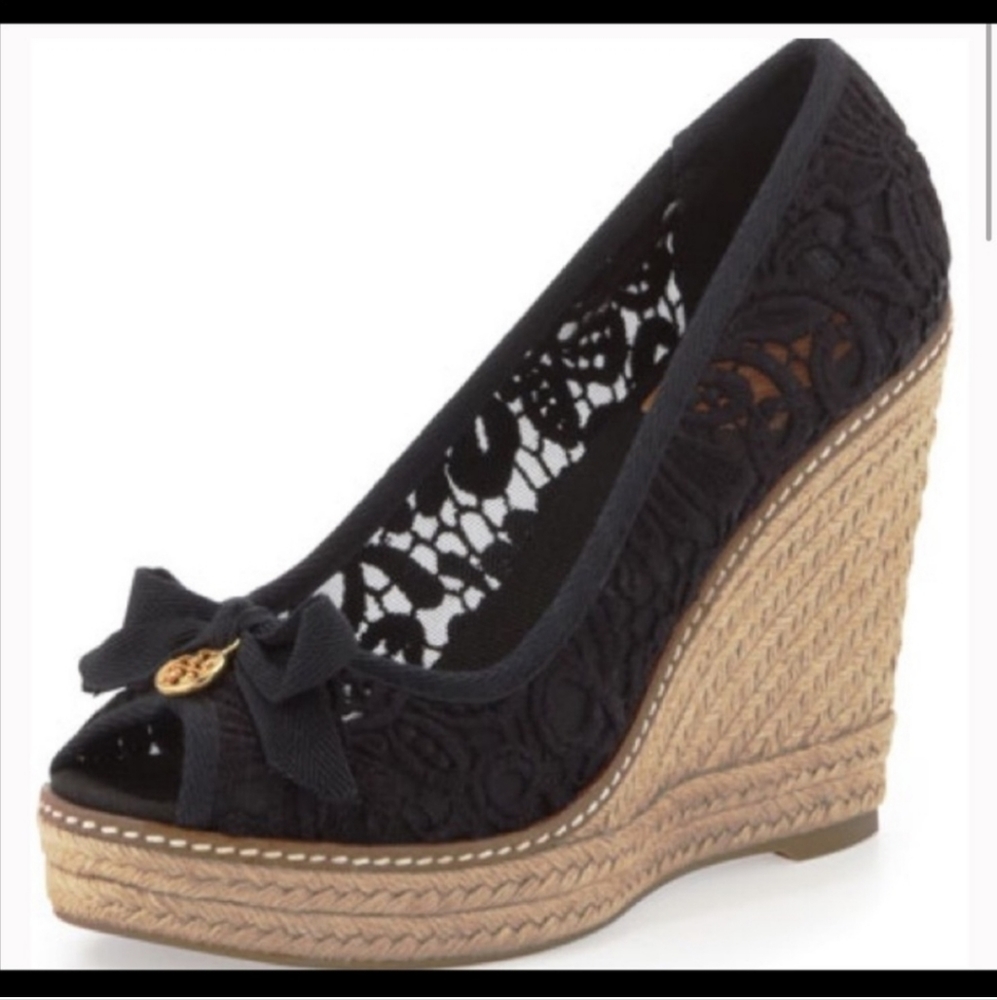 Tory Burch Jackie Lace Espadrille Wedge Sandal Black Women Sz 9. Peep-Toe #111